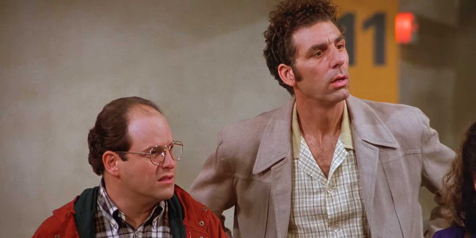 Jason Alexander's George and Michael Richard's Kramer looking confused in Seinfeld's "The Parking Garage."