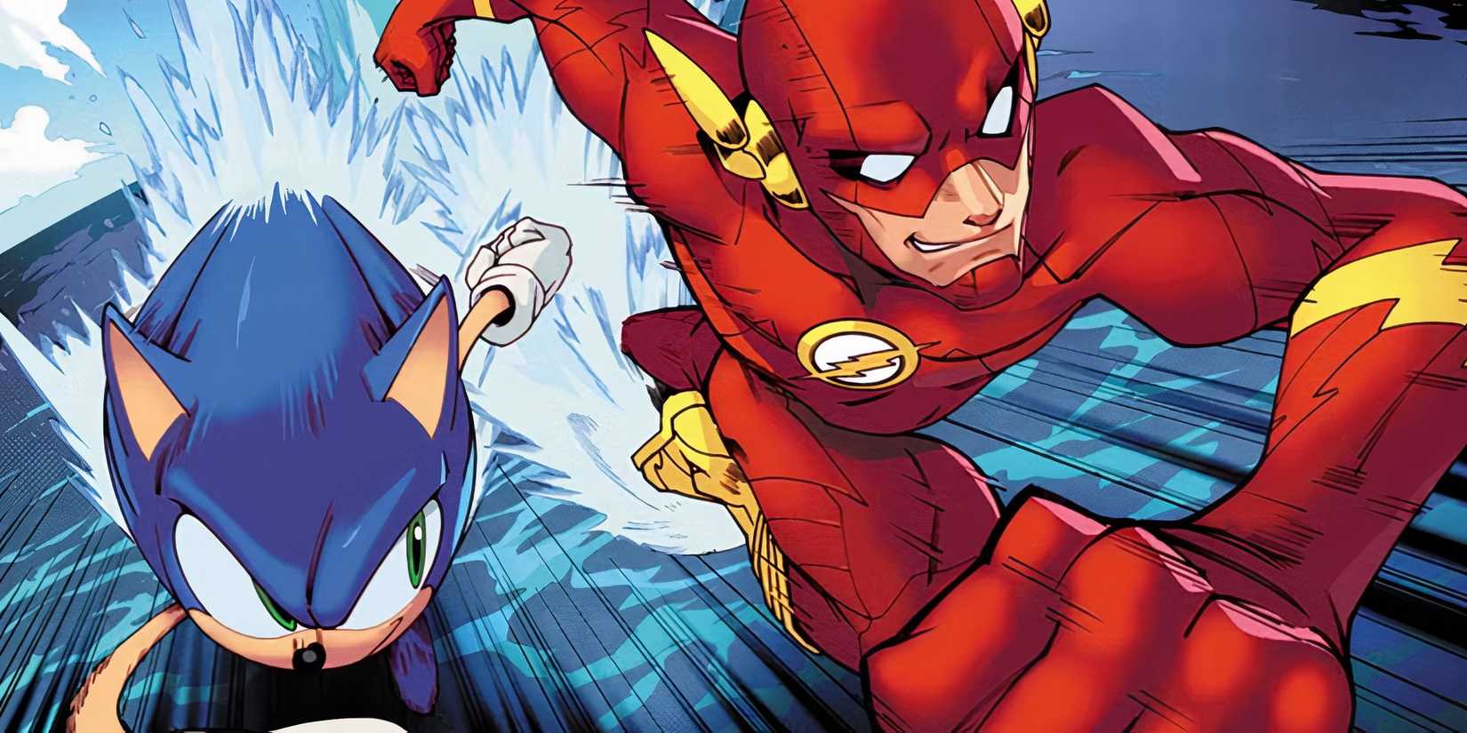 Sonic and The Flash racing across the water in DC Comics