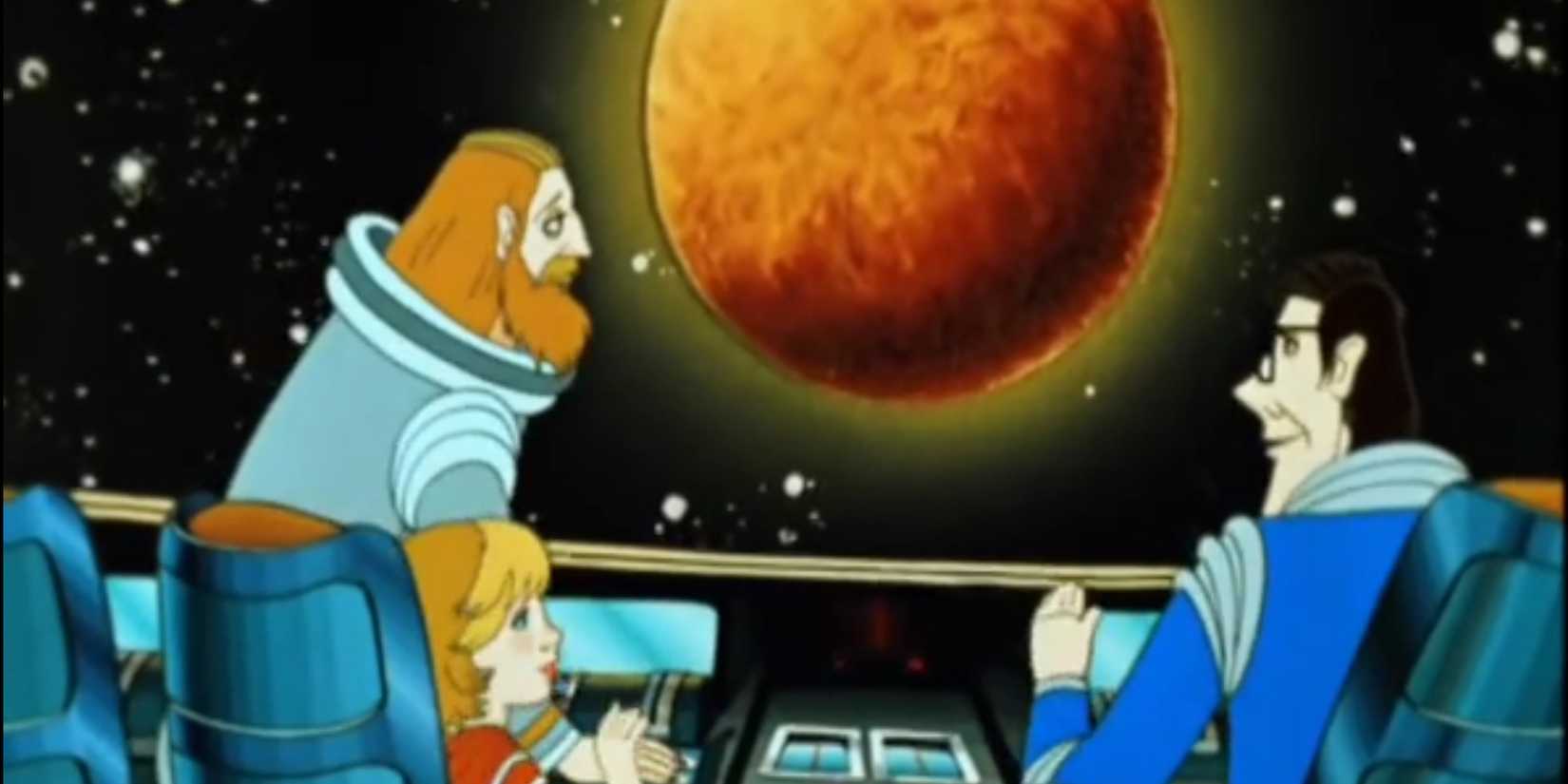 Spaceship crew looking at red planet in 'The Mystery of the Third Planet'