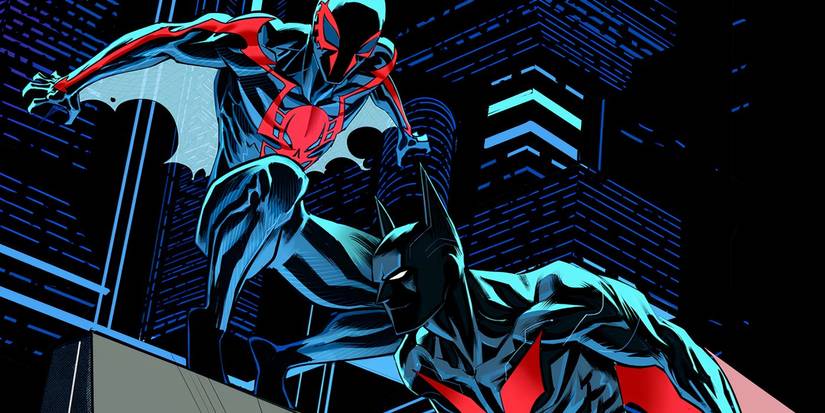 Spider-Man 2099 and Batman Beyond perched on a building in DC Comics