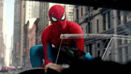 Tom Holland as Spider-Man sitting on Frank Castle's car in 'Spider-Man: Brand New Day'