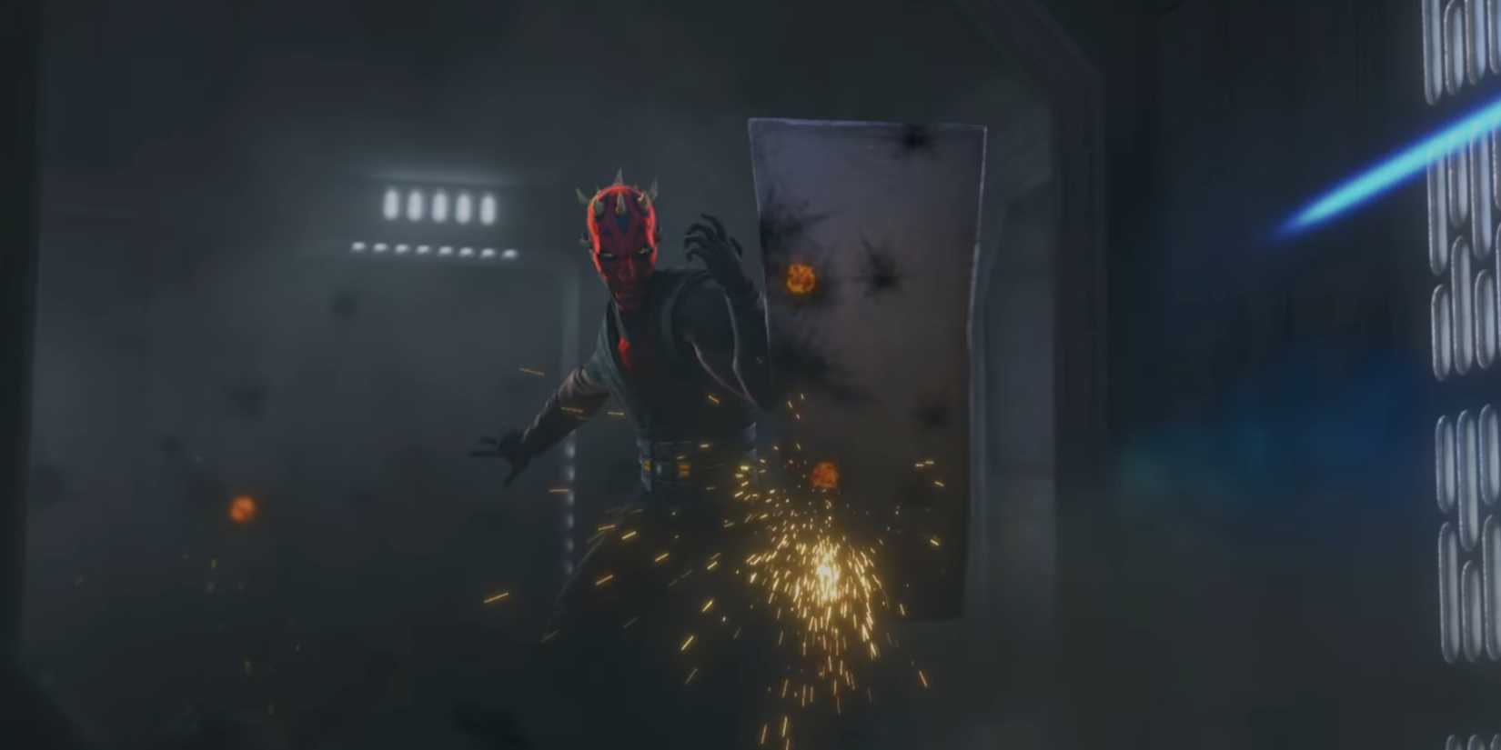 Maul protects himself from blaster shots with a piece of metal inside a hallway 