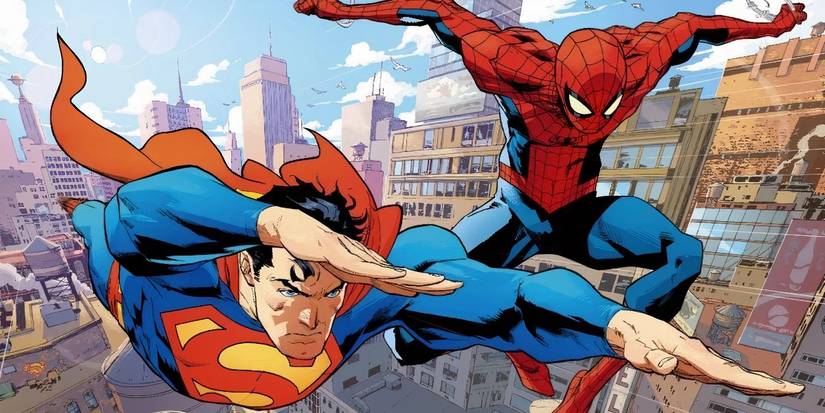 Superman and Spider-Man flying through the city in DC Comics