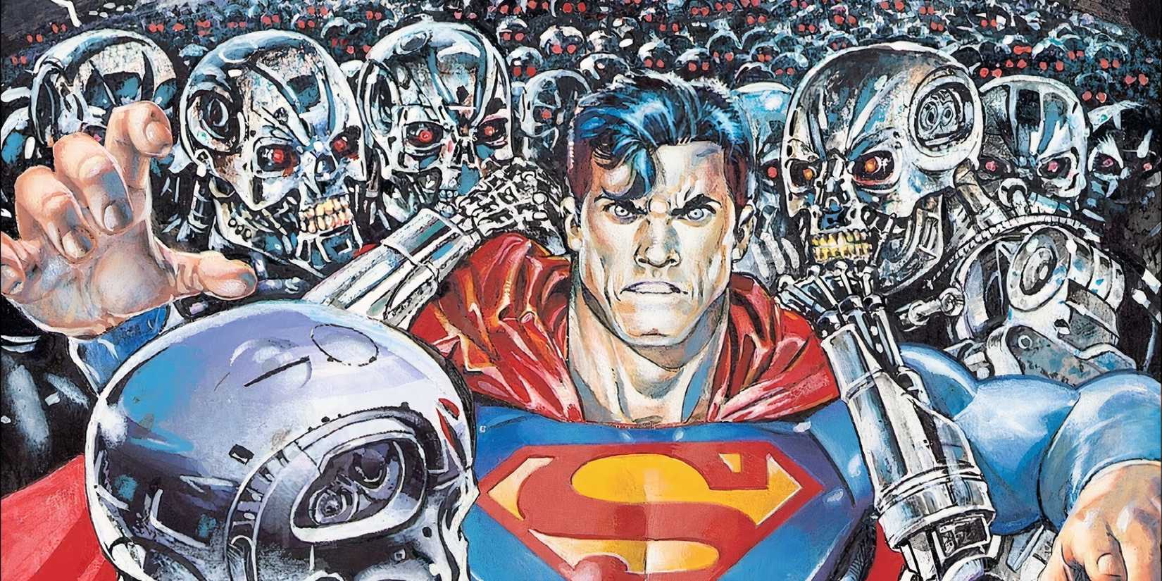 Superman surrounded by Termintators in DC Comics