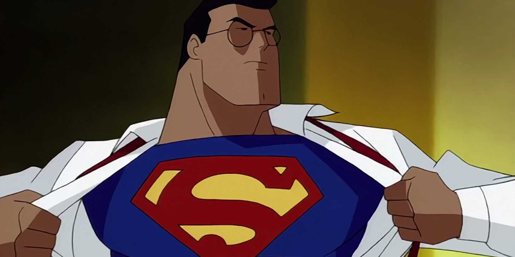 Clark Kent rips open his shirt to become Superman (Tim Daly) on 'Superman: The Animated Series'