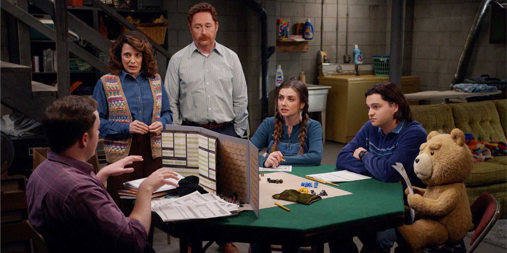 Susan, Matty, Blaire, John, and Ted play a tabletop game. 