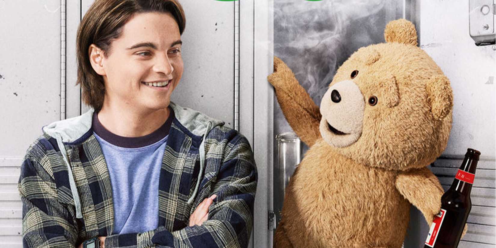 John leaning against a locker smiling at Ted leaning out of a locker, holding a beer.