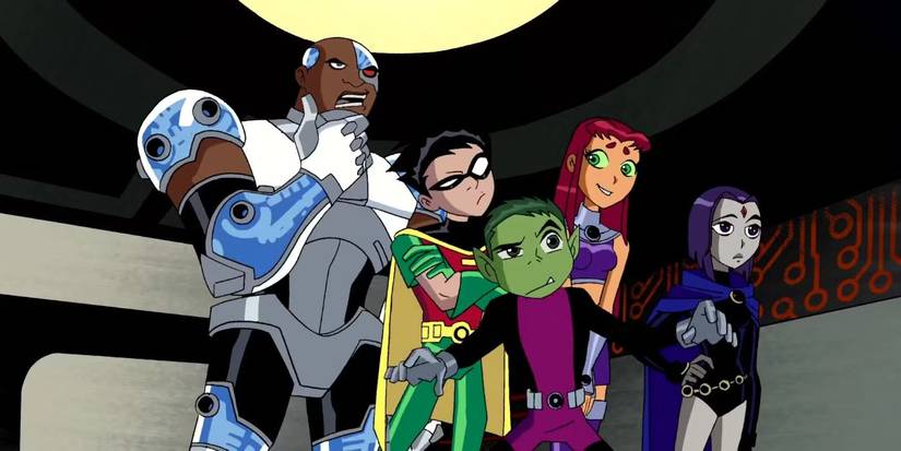 The Teen Titans standing and looking skeptical. 