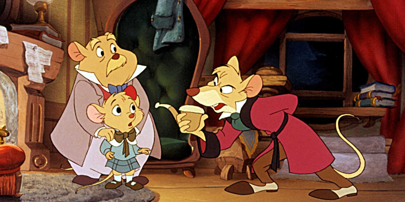 Basil holding a pipe and wearing a smoking jacket talks to Olivia and Dawson in The Great Mouse Detective