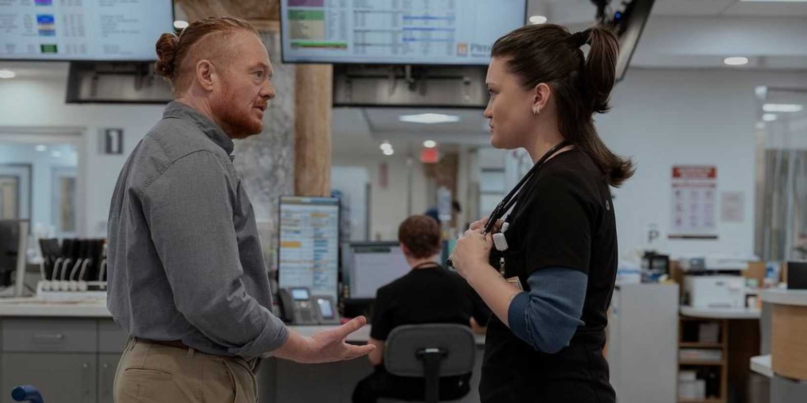 Becca Blackwell as Dyaln Easton and Isa Briones as Dr. Trinity Santos in Season 2 of 'The Pitt.'