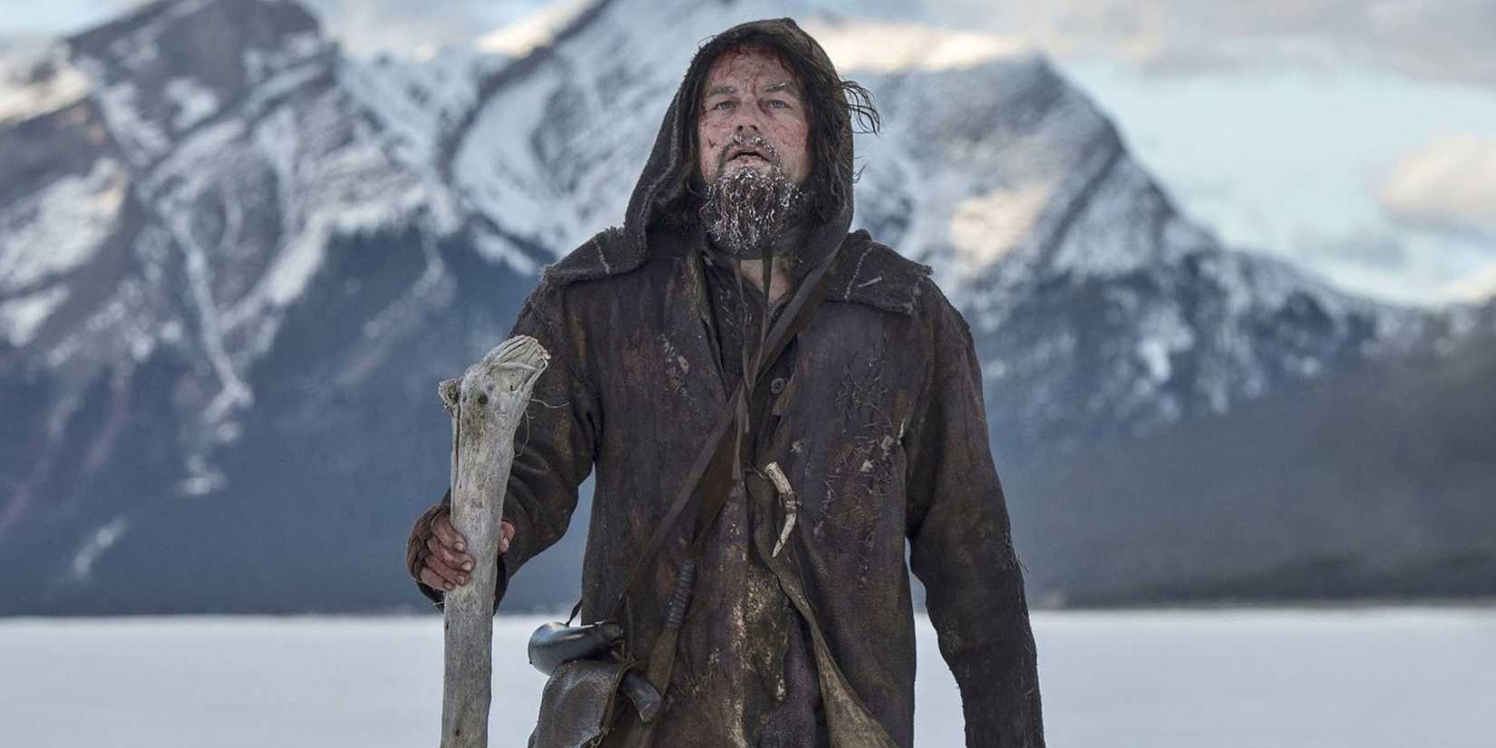 Leonardo DiCaprio in a snowy landscape in The Revenant