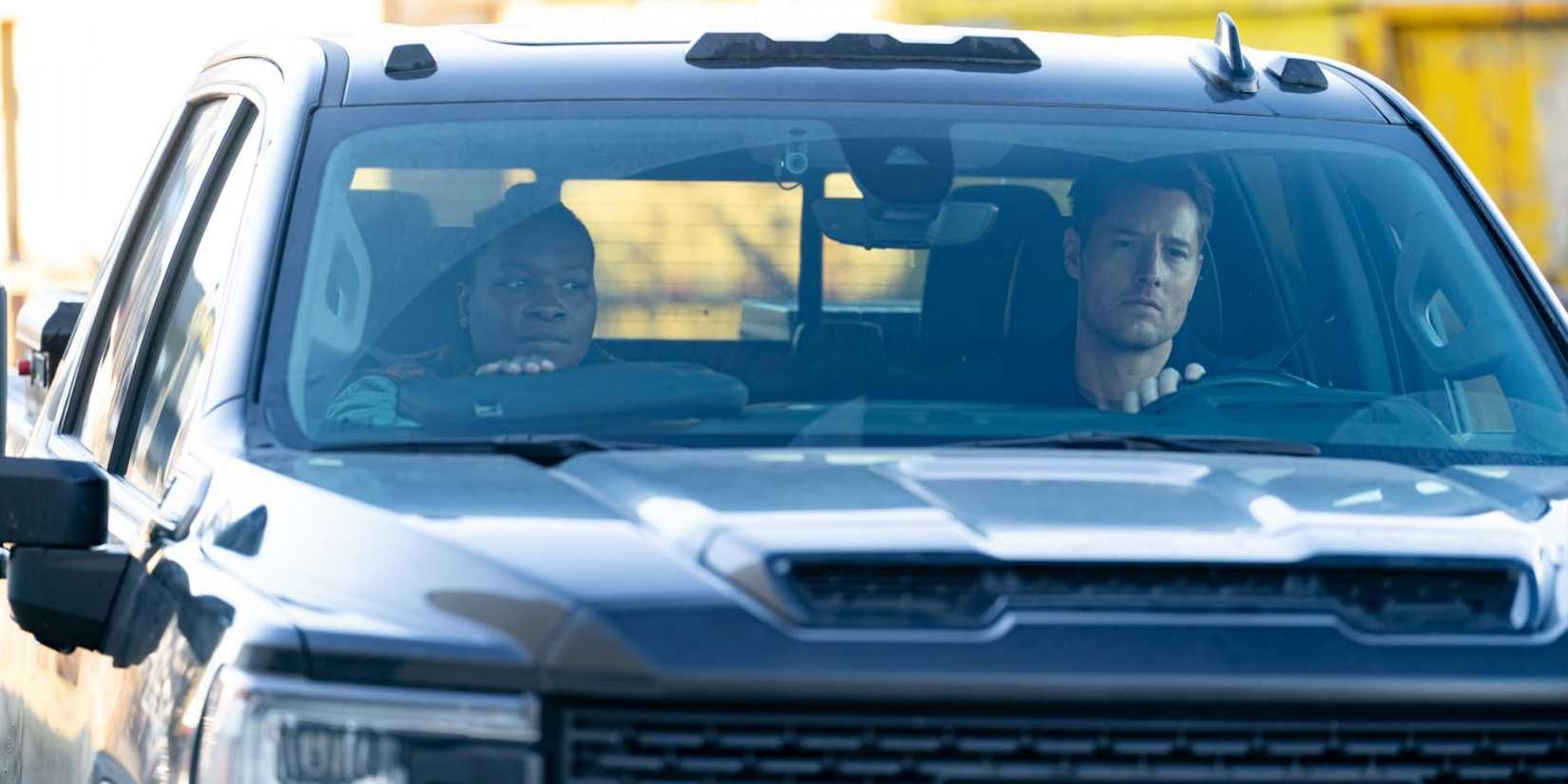 Colter Shaw (Justin Hartley) and Randy (Chris Lee) in Colter's truck in the 'Tracker' episode "No Good Deed"