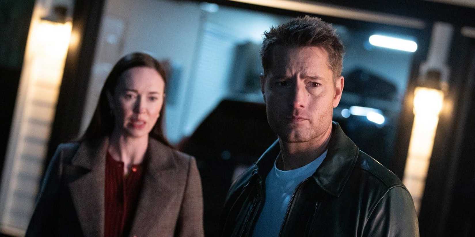 Colter Shaw (Justin Hartley) and Sara Clark (Elyse Levesque) in the 'Tracker' episode "The Field Trip"