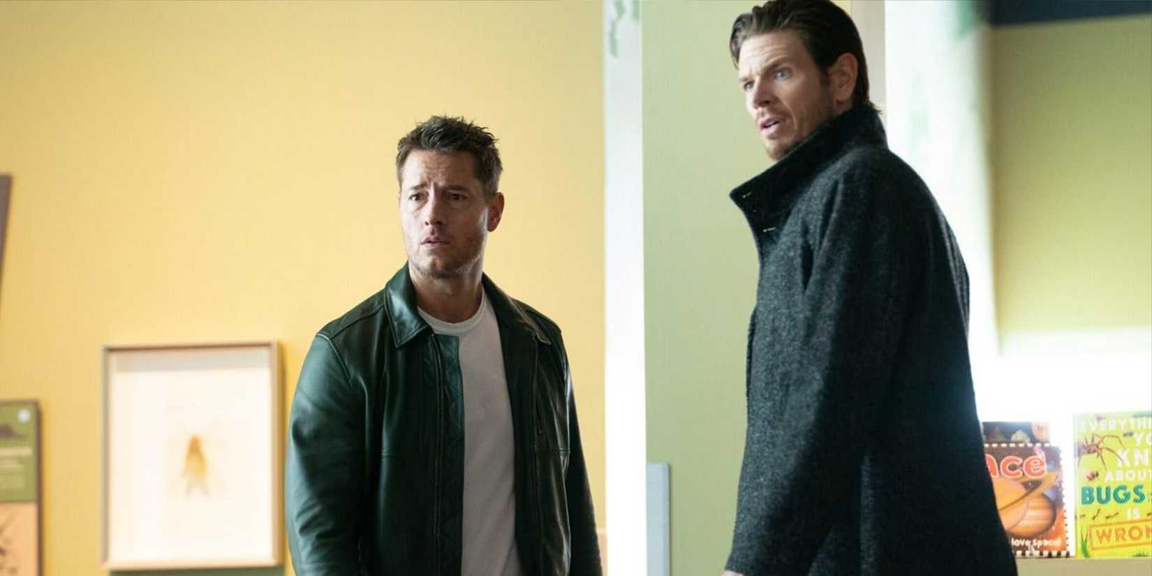 Colter Shaw (Justin Hartley) and James Clark (Jon Beavers) in the 'Tracker' episode "The Field Trip"