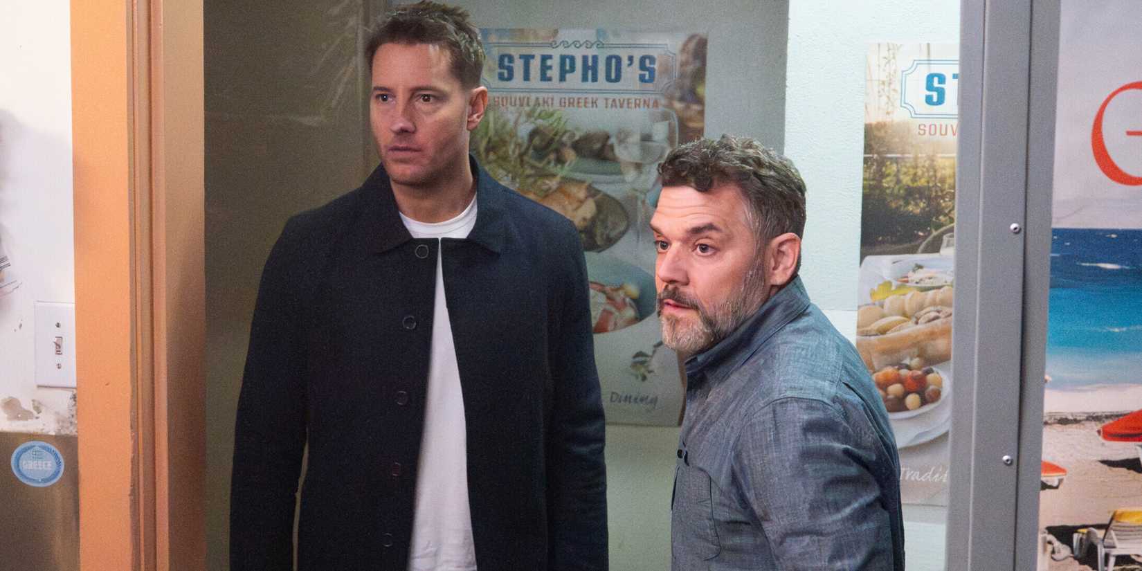 Justin Hartley wears a blue jacket and a white tee shirt in a 'Tracker' image