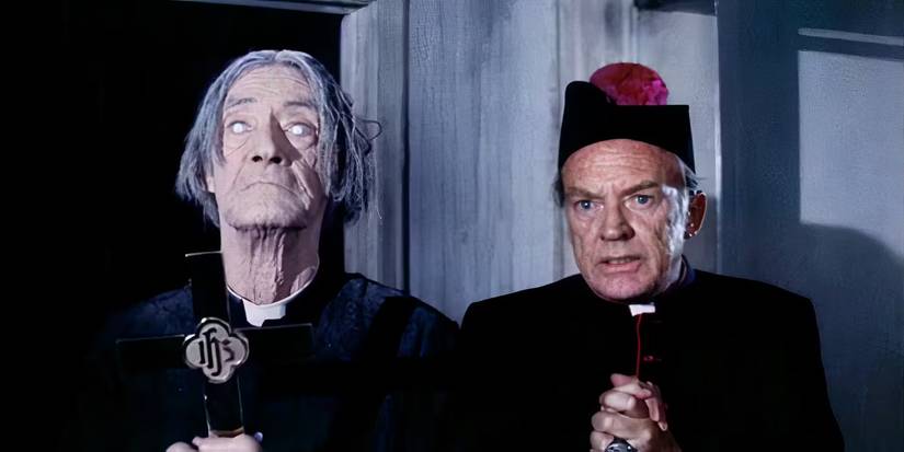 Two priests, played by John Carradine and Arthur Kennedy, take a stand against evil entities in The Sentinel. 