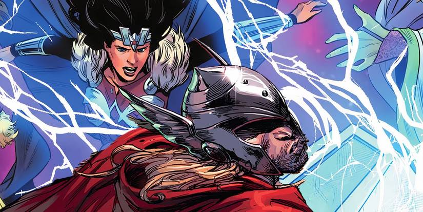 Wonder Woman hitting Thor with his hammer in Marvel Comics