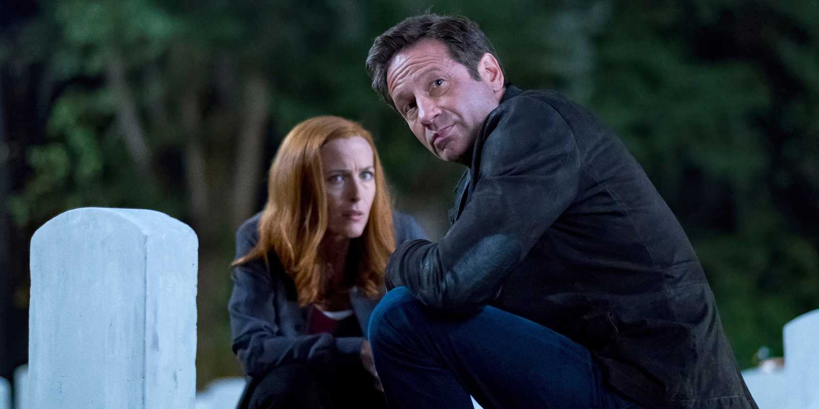 Gillian Anderson's Scully standing with David Duchovny's Mulder in a cemetery in The X-Files