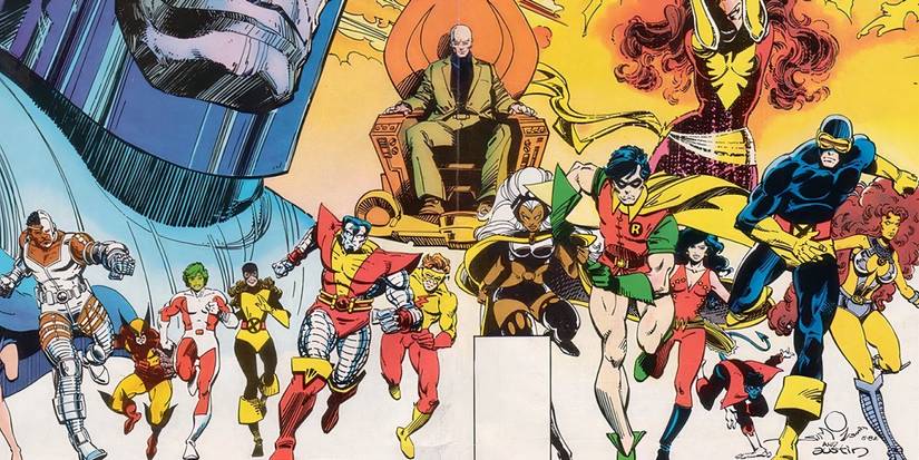 The X-Men and Teen Titans running together on a comic cover in DC Comics