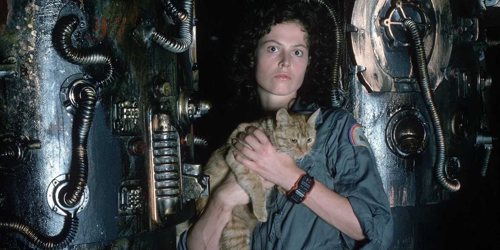 Sigourney Weaver as Ripley holding a cat in 'Alien' (1979)