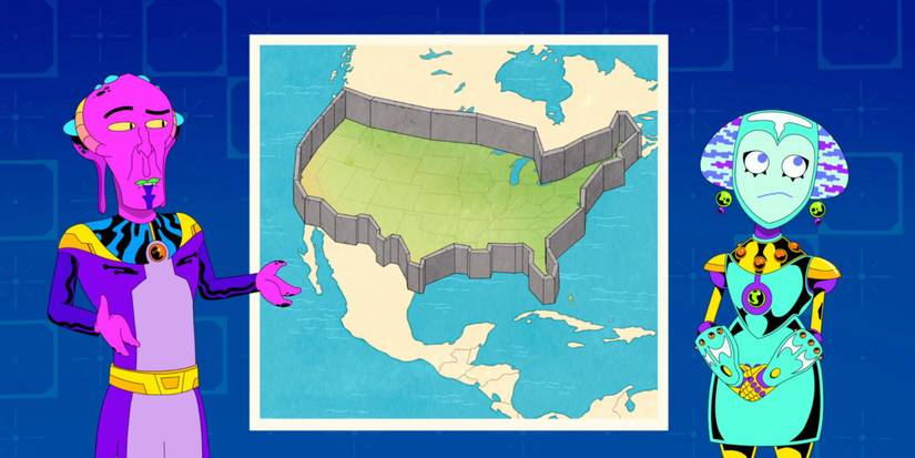 Drexx Drudlarr (Will Forte) and Tuva Van Void (Heidi Gardner) hosting a nightly news show in Alien News Desk