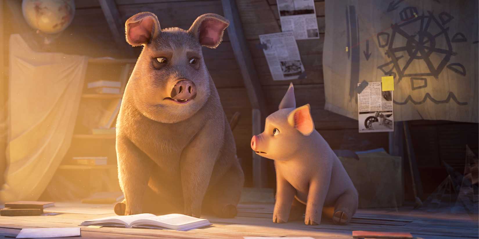 Still of Snowball and Lucky in Animal Farm (2026).