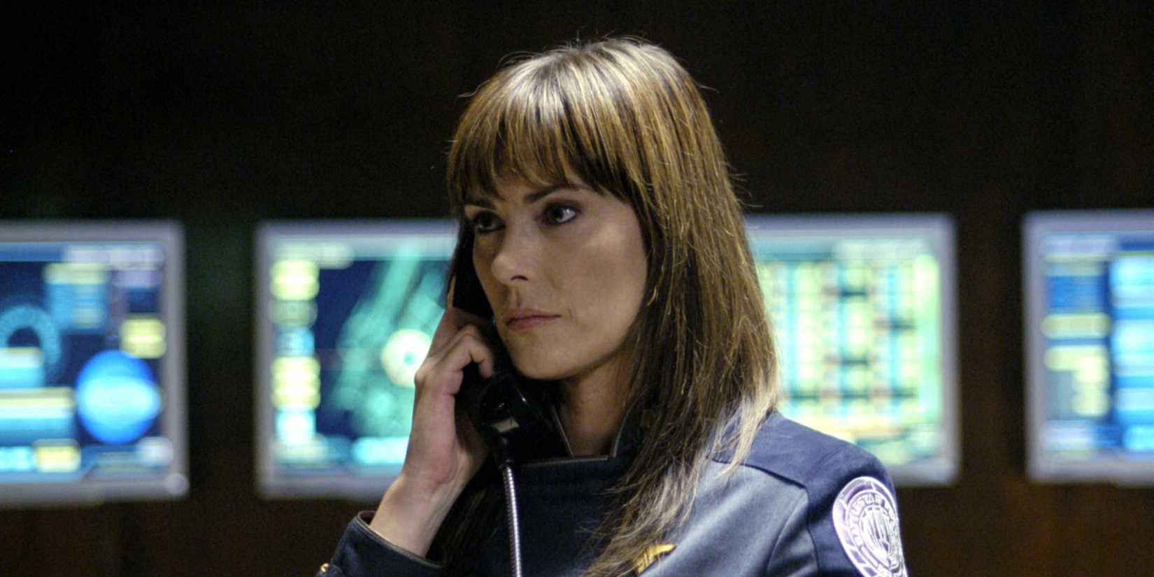 Michelle Forbes on the phone in Battlestar Galactica.
