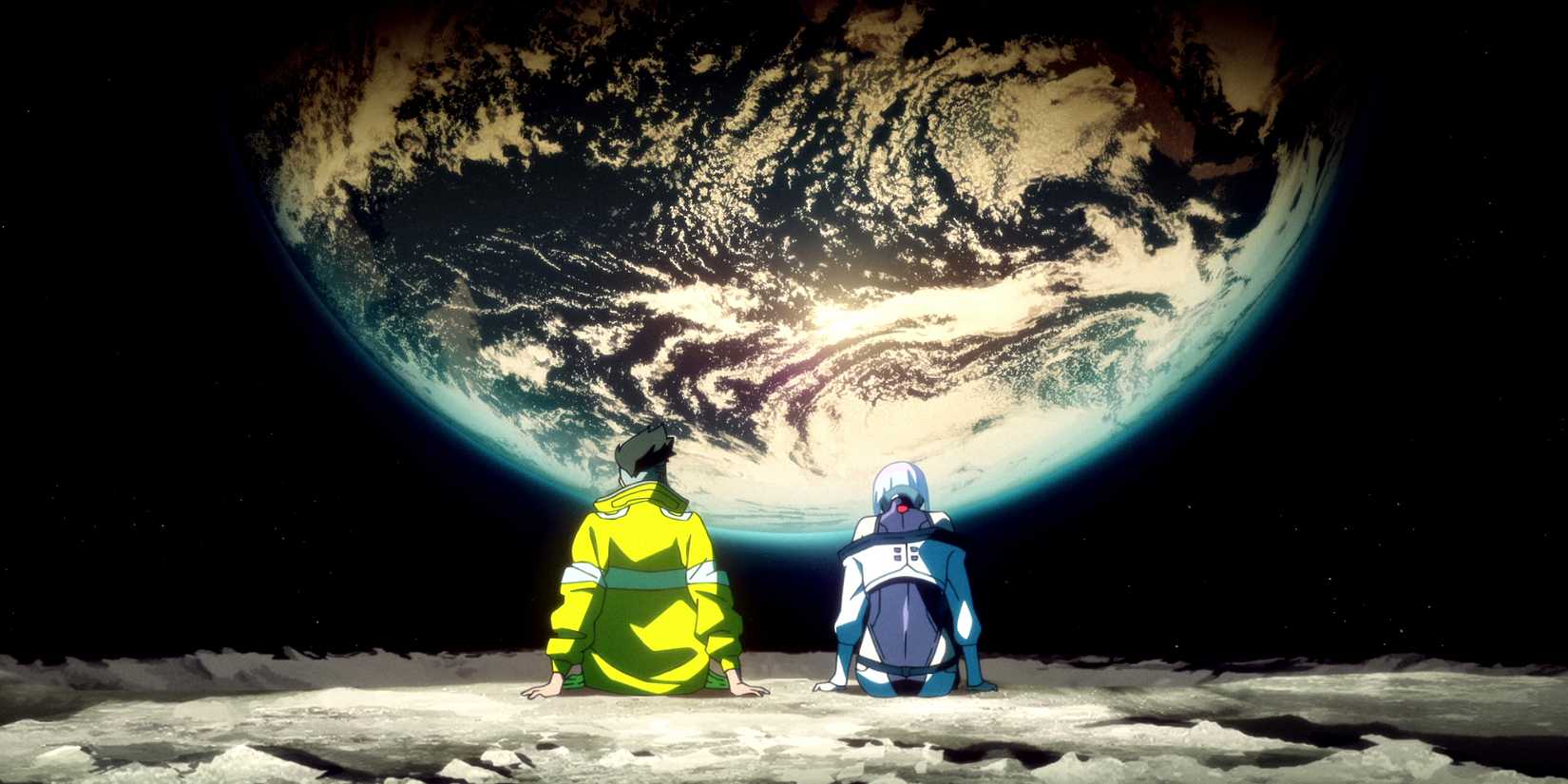 David and Lucy on the moon in Cyberpunk: Edgerunners.