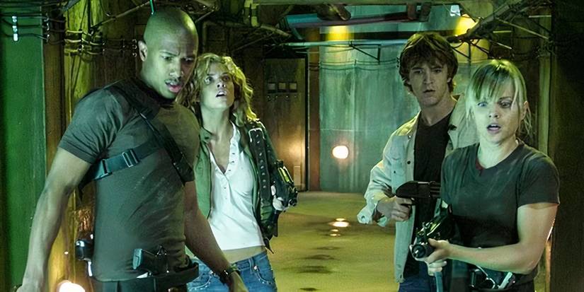 The cast of Day of the Dead - 2008 looking scared and tense in a bunker