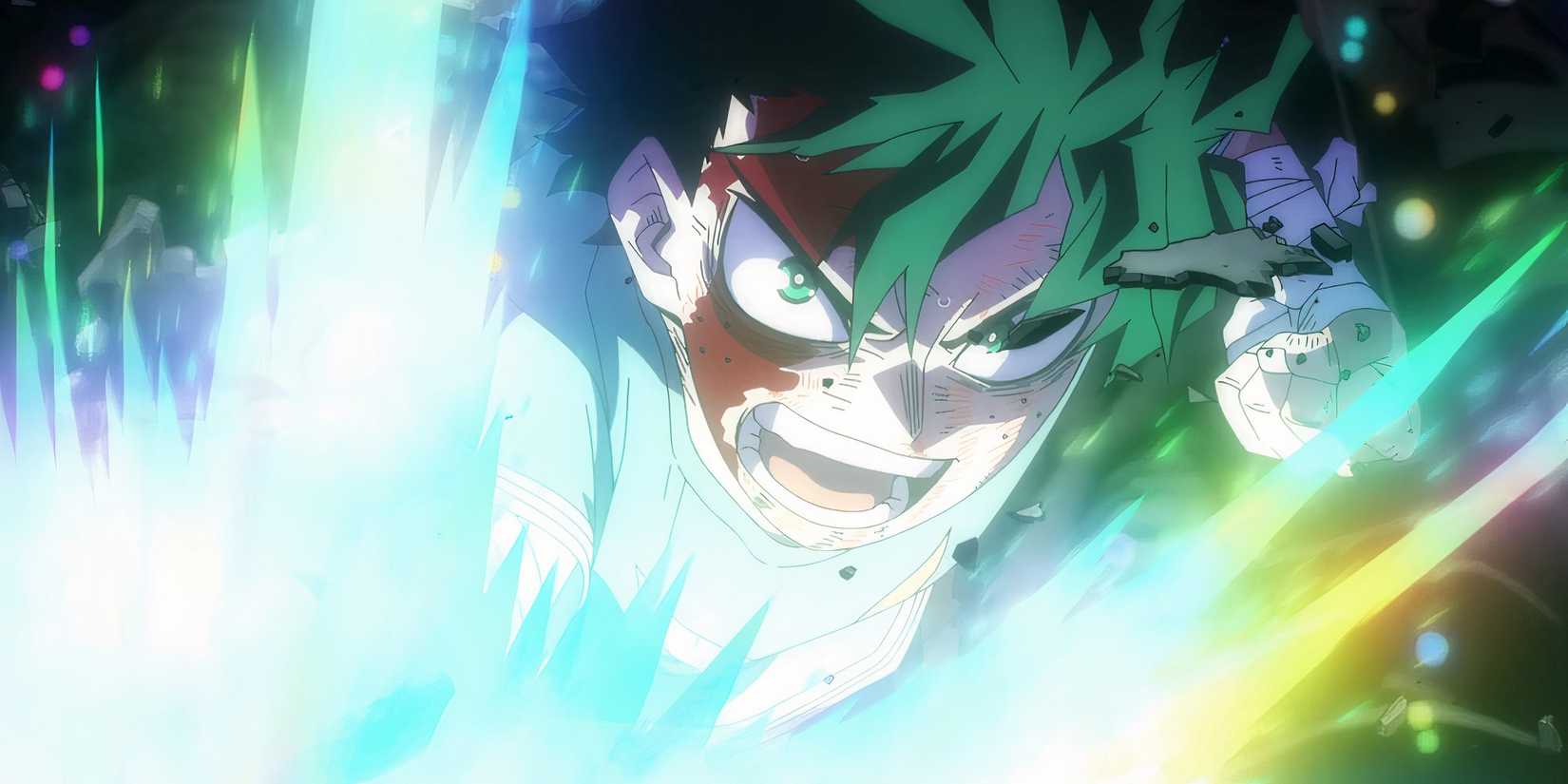 Deku punching, surrounded by bright colors in My Hero Academia