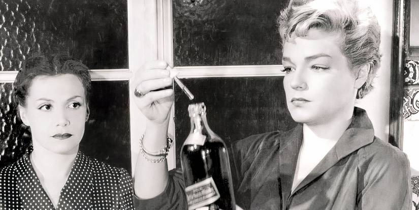 Christina and Nicole adding poison to a bottle of wine in Diabolique