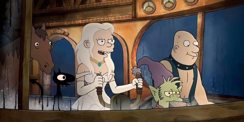 Disenchantment still featuring main characters in a steam-powered vehicle. 