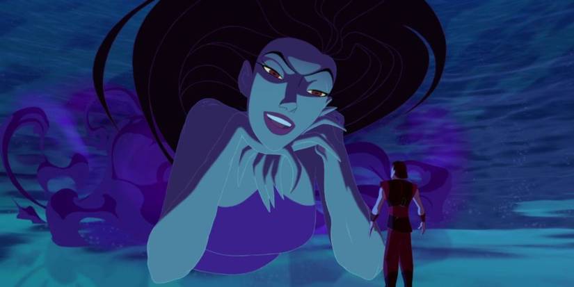 The goddess Eris looks down at the mortal Sinbad as they have a chat in Sinbad: Legend of the Seven Seas
