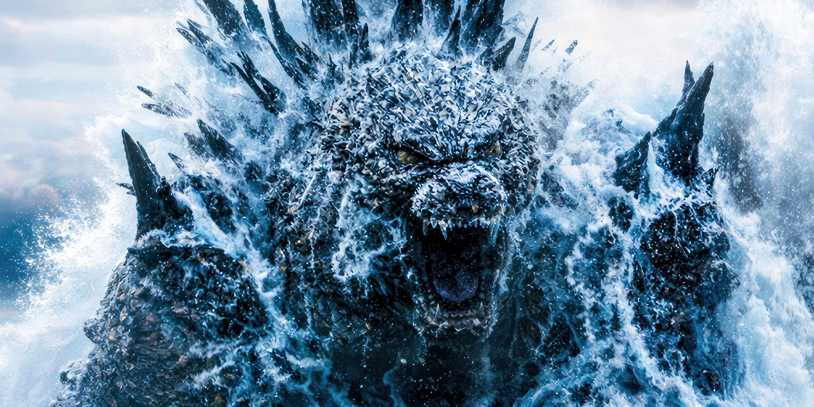 Godzilla emerges from the ocean.