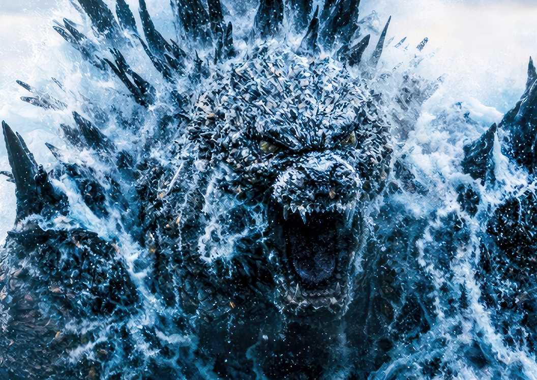 Godzilla emerges from the ocean.