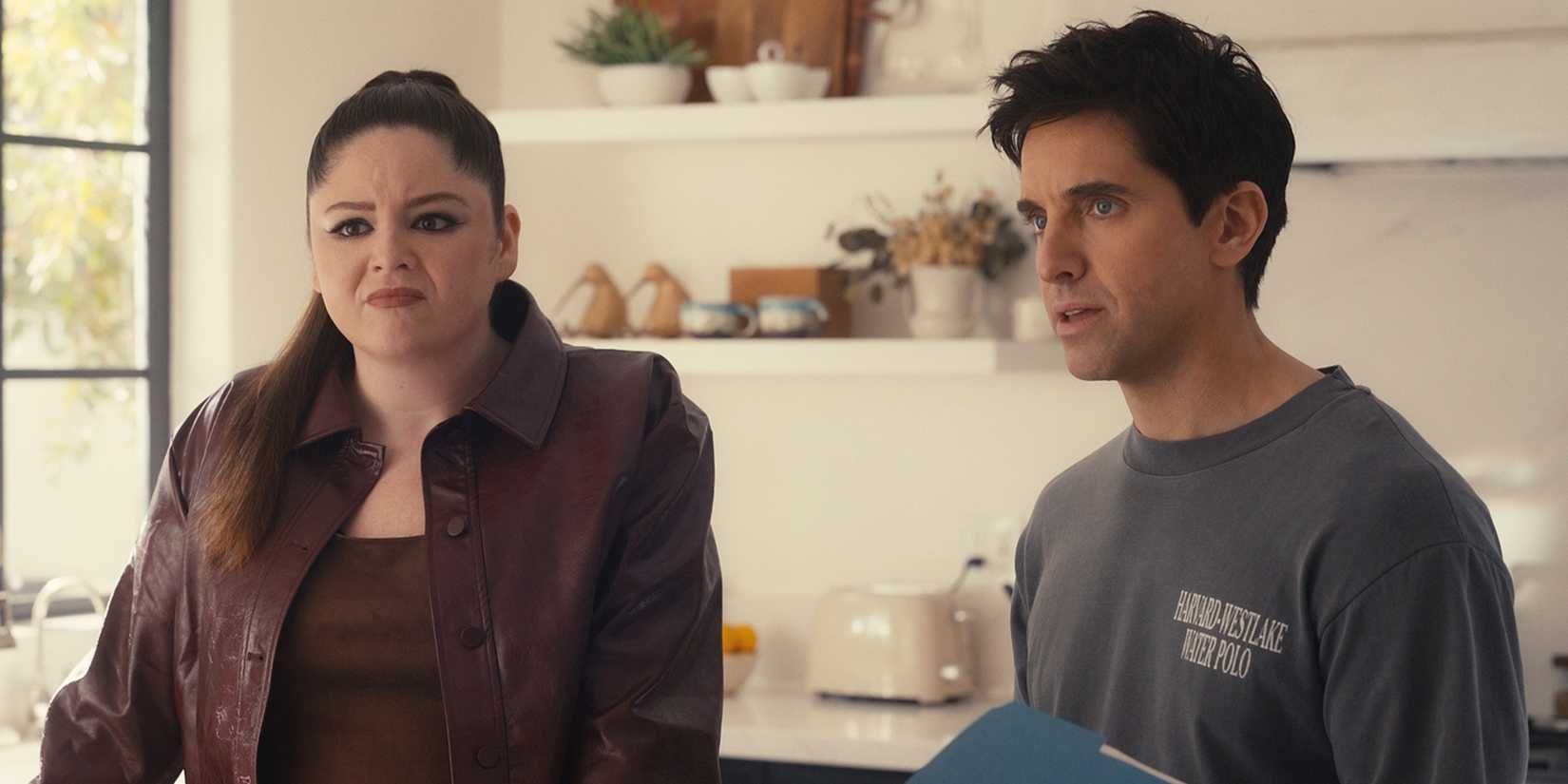 Megan Stalter's Kayla standing with Paul W. Downs' Jimmy in Hacks Season 5