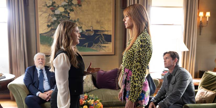 Willa and Morgan standing face to face as Nick and his father look on in High Potential.