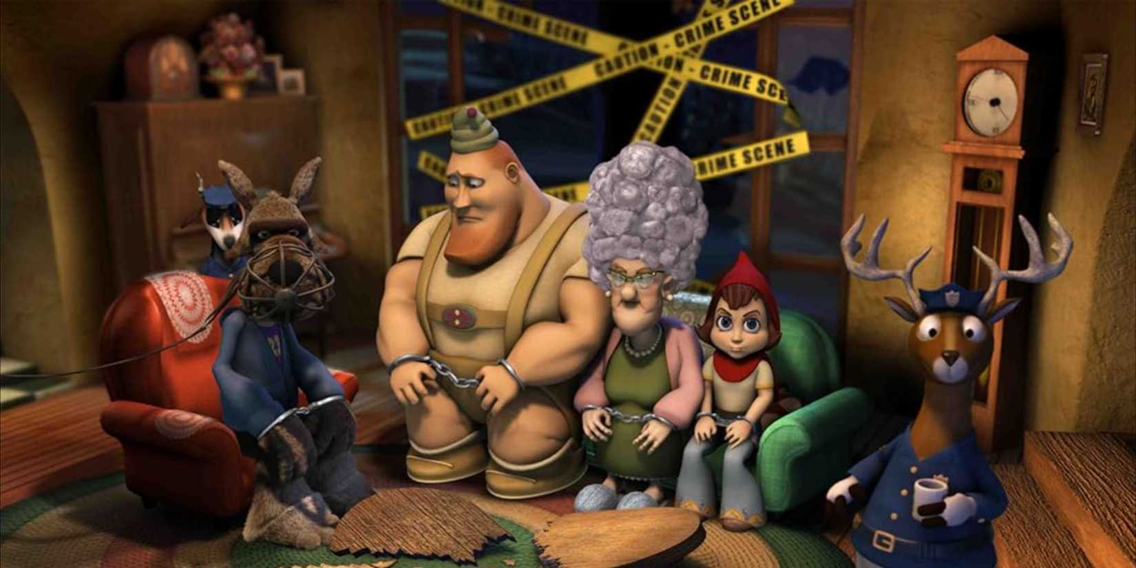 The main characters of Hoodwinked! sitting on a couch