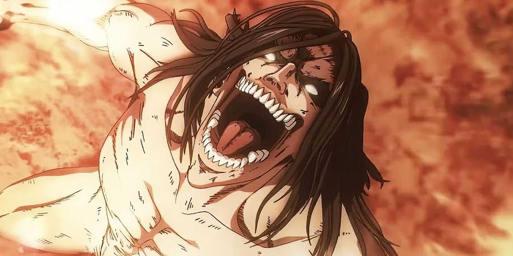 A titan roaring with mouth wide open, long dark hair whipping, eyes glowing, and a fiery background in Attack on Titan.