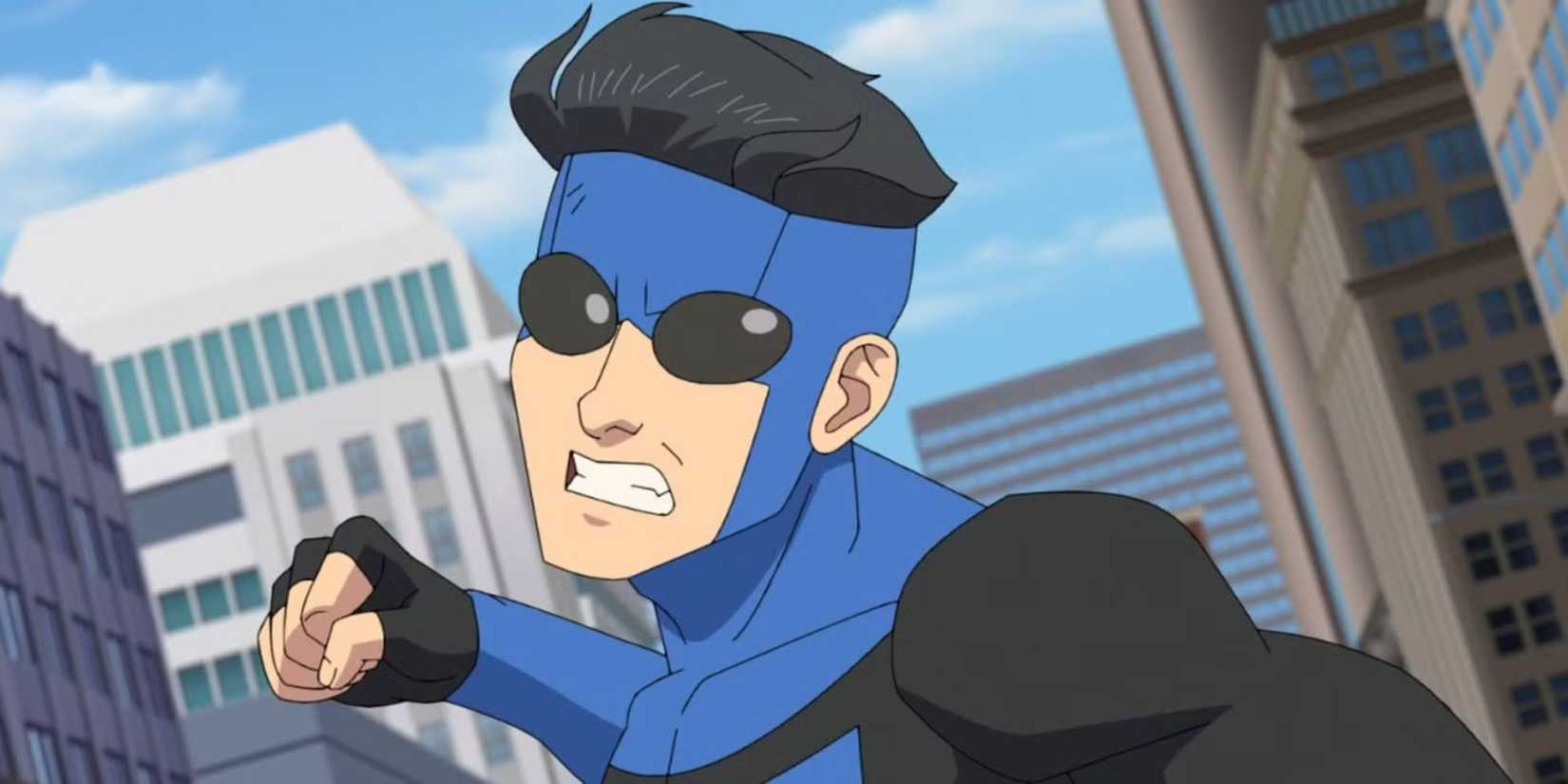 Steven Yeun's Mark Grayson in his blue and black suit in Invincible Season 4.