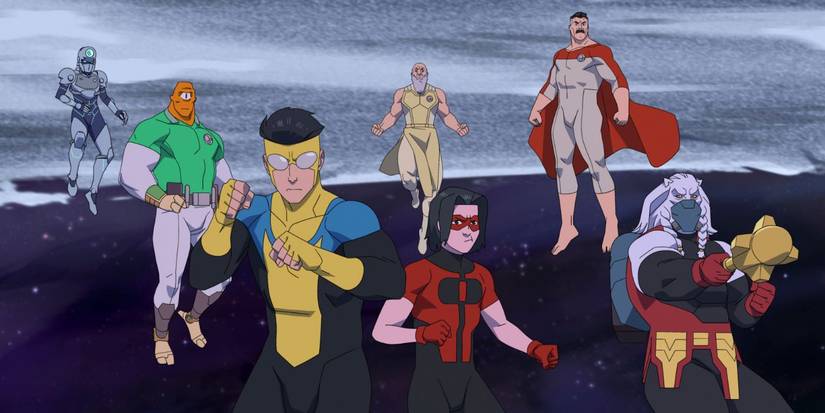 Tech Jacket, Allen, Mark, Thaedus, Oliver, Nolan, and Battle Beast floating in space in Invincible Sesaon 4 Episode 7.