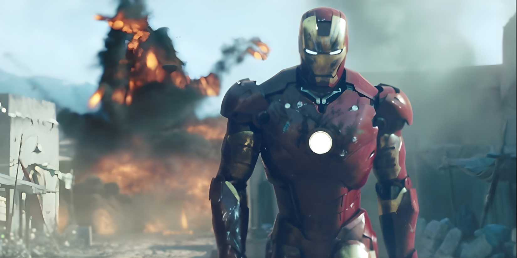 Iron Man walks away from an explosion in Iron Man.