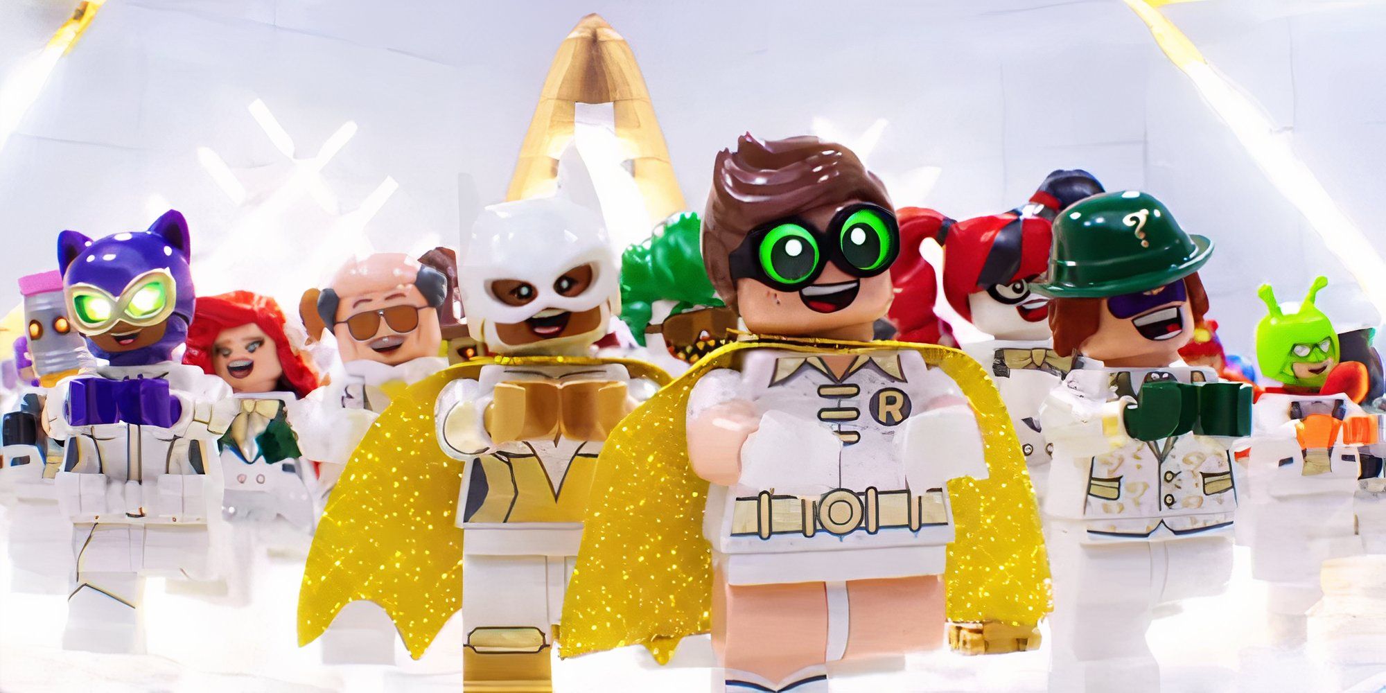 The Lego Batman Movie cast dancing in white and gold uniforms
