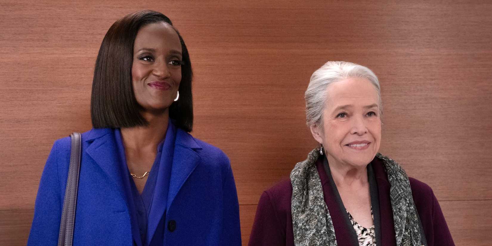 Skye P. Marshall as Olympia standing next to Kathy Bates as Matty in the elevator in Matlock Season 2