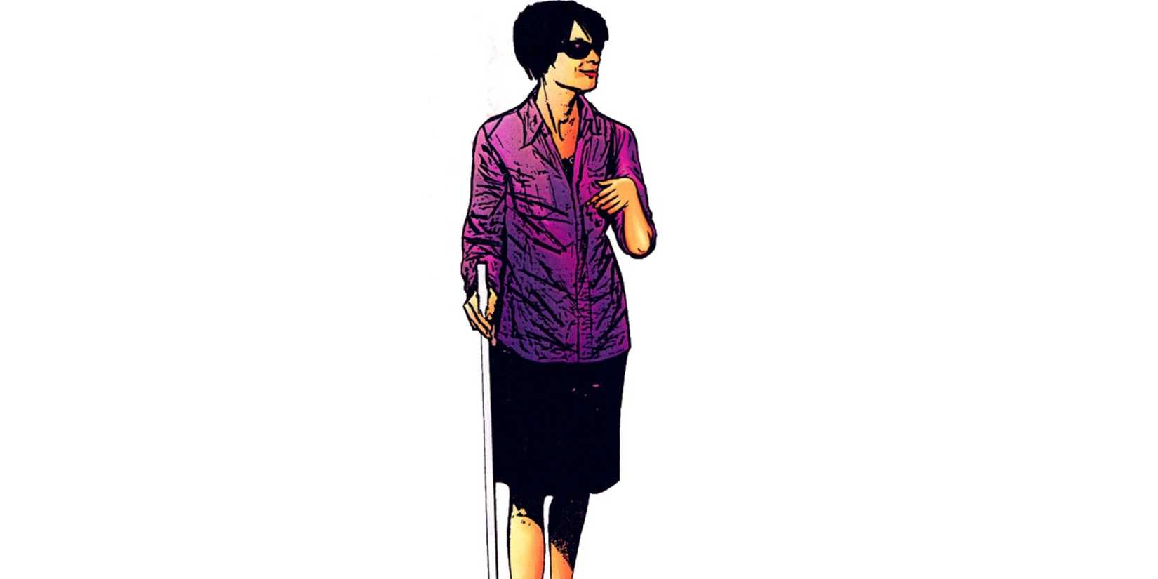 Milla Donovan wearing glasses and holding a mobility cane.