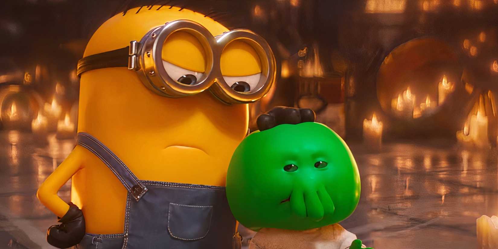 A minion patting a cute green monster on his head in 'Minions & Monsters'