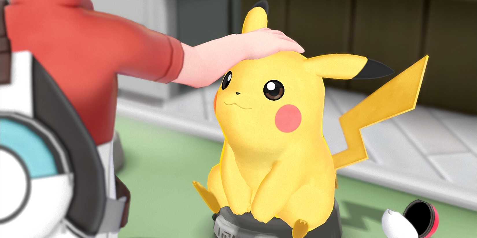 A trainer petting a Pikachu in Pokémon-Let's-Go-Pikachu