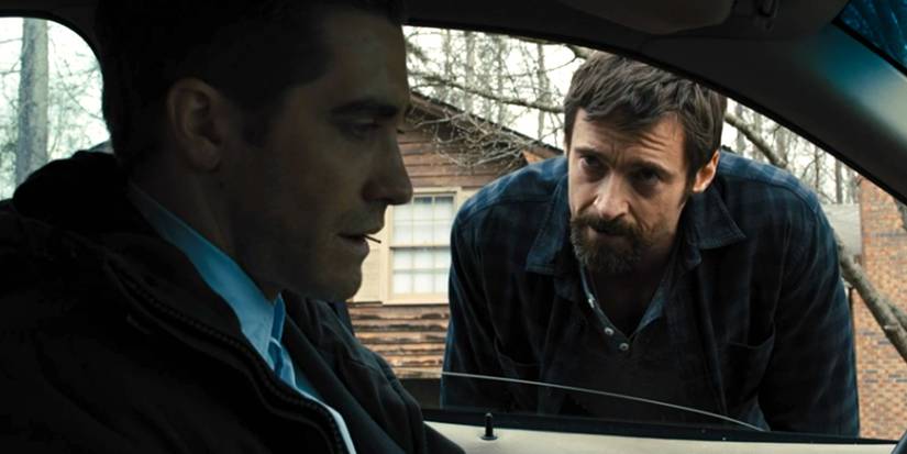 Keller Dover (Hugh Jackman) talking to Detective Loki (Jake Gyllenhaal) in 'Prisoners.'