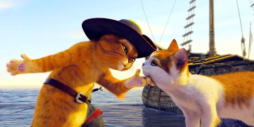 Puss in Boots bids farewell to a female cat on a dock by a ship in Puss in Boots, 2011
