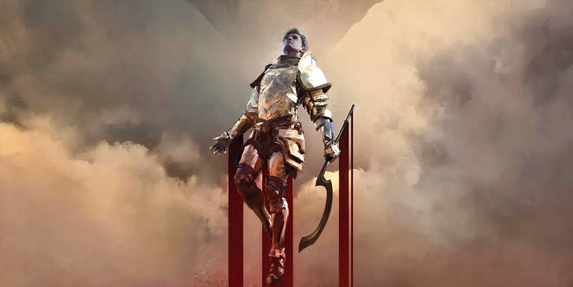 Darrow floating in the sky while wearing golden armor and holding his scythe in Red Rising
